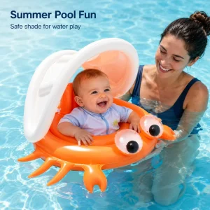 Inflatable Baby Pool Float with Canopy Crab Design Infant Swim Ring Seat for Summer Pool OEM
