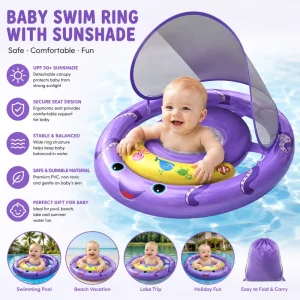 Anel de Natação Inflável para Bebés com Toldo de Sombra - Flutuador de Piscina Seguro para Brincar na Água para Bebés