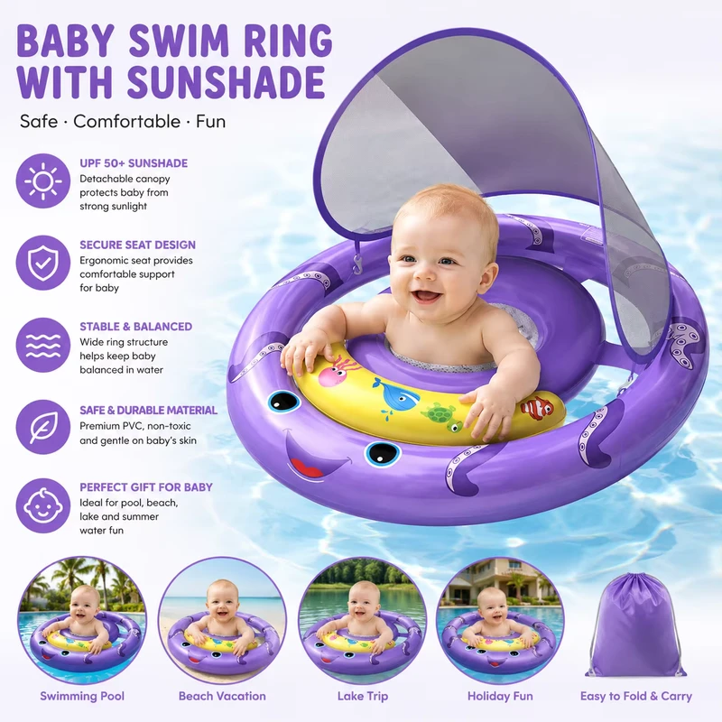 Anel de Natação Inflável para Bebés com Toldo de Sombra - Flutuador de Piscina Seguro para Brincar na Água para Bebés