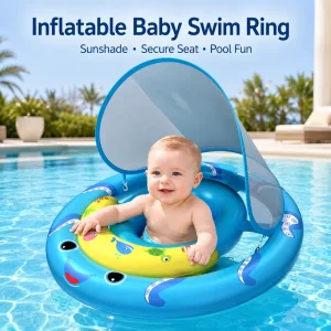 Inflatable Baby Swim Ring with Sunshade Canopy Secure Seat Infant Pool Float for Water Play
