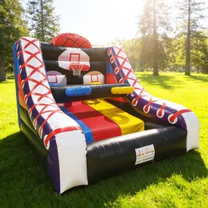 Jogo de Carnaval de Lançamento de Cestos de Basquetebol Inflável com 5 Cestos, 4 Bolas e Ventoinha para Festas e Eventos Escolares
