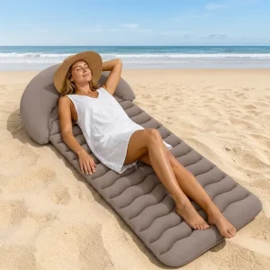 Inflatable Beach Mat Lounger with Built-in Headrest Flocked PVC Portable Float for Camping Outdoor Relaxation