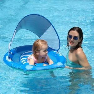 Inflatable Blue Bear Baby Swimming Ring Seat Float with Canopy