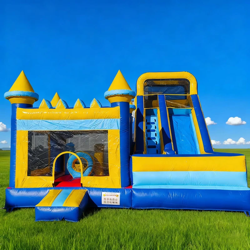 Château gonflable bleu en PVC avec toboggan, maison à rebond commercial, installation facile pour 20 personnes