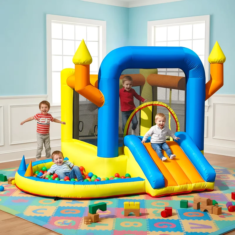 Casa de Saltos Inflável Combo para Crianças Festa Inflável Castelo Saltitante com Escorrega, Piscina, Cesta, Dardos, Trampolim