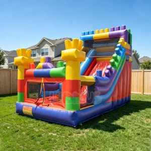 Castillo Inflable de Bloques de Construcción con Tobogán, Casa de Salto Inflable con Ventilador para Niños y Adultos