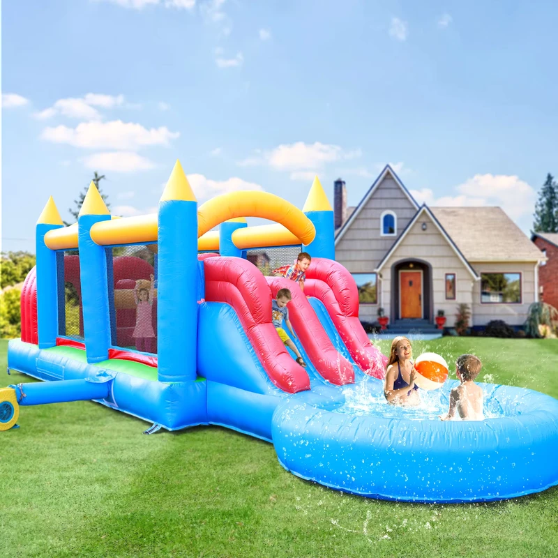 Opblaasbare Bouncer Combo Springkasteel Obstakelbaan Kasteel met Zwembad Dubbele Raceglijbanen Tunnels Klimobstakels Springgebied