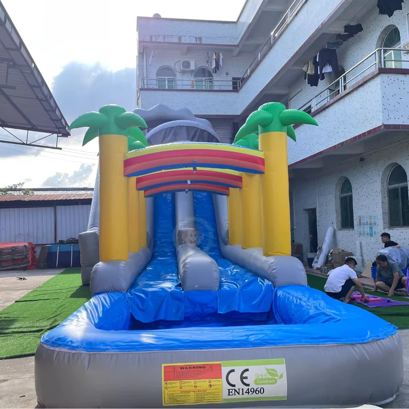 Castillo Inflable de Agua con Tobogán Grande Inflable Gris con Piscina