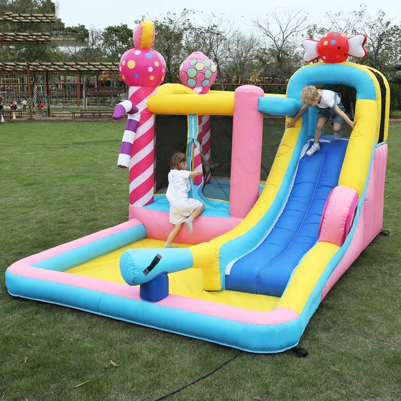 인플레이터블 점핑 하우스 슬라이드 야외 게임 조합 사탕 점핑 캐슬 PVC 소재 100-500kg 용량 5-10명 탑승 가능