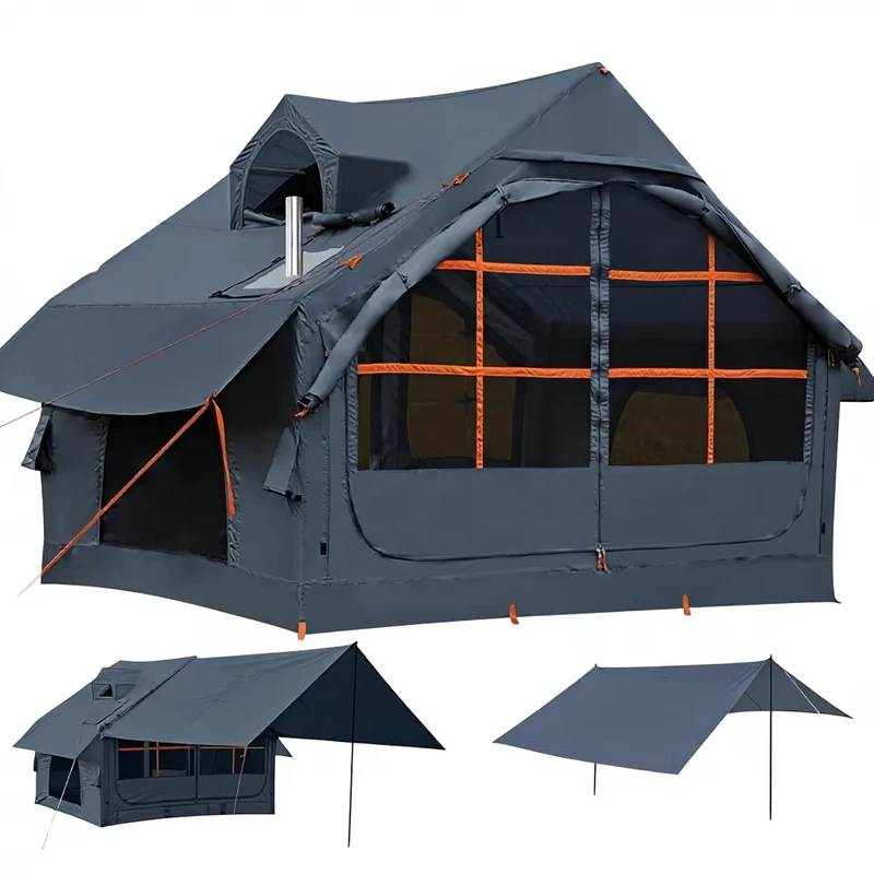 Inflatable Camping Tent Waterproof PVC Hand Pump Stove Jack Four Season Rectangular Family Weekend Glamping Tent House