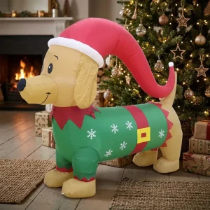Inflatable Christmas Dachshund Dog in Elf Costume with Santa Hat Christmas Decor Display for New Year Celebration