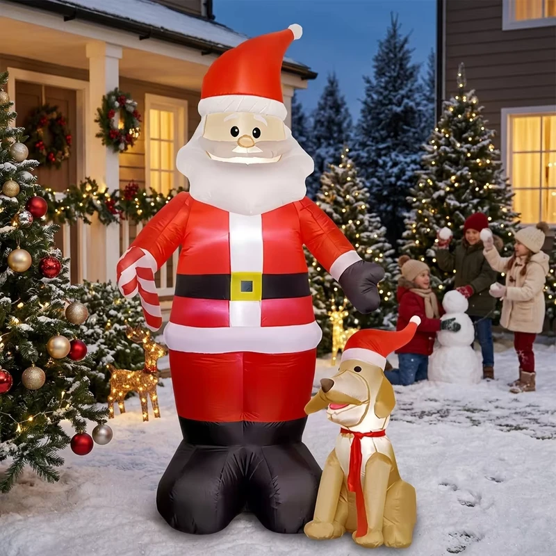 Inflatable Christmas Santa Claus with Christmas Dog Wearing Santa Hat Christmas Decor Display for New Year Celebration LED