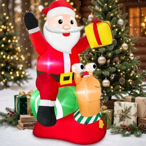 Inflatable Christmas Santa Riding Snail With Gift Box LED Lights Blow up Christmas Decor Display for New Year Celebration LED