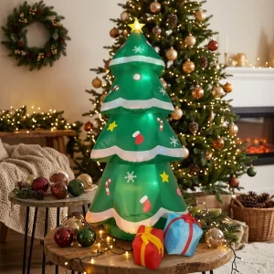 Inflatable Christmas Tree with Candy Cane Stocking Snowflake Christmas Decor Display for New Year Celebration LED