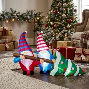 Inflatable Christmas Two Gnomes Pulling Christmas Tree LED Lights Blow Up Christmas Decor Display for New Year Celebration LED