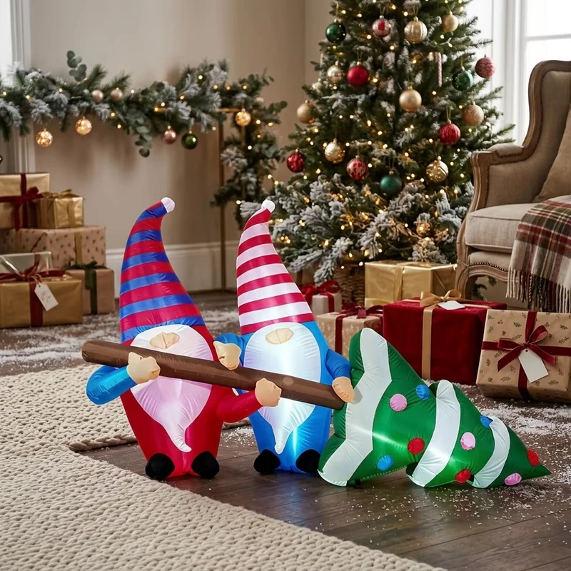 Inflatable Christmas Two Gnomes Pulling Christmas Tree LED Lights Blow Up Christmas Decor Display for New Year Celebration LED