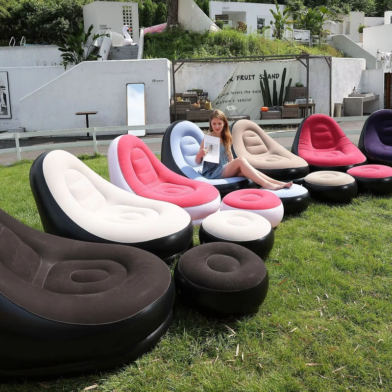 Sofá Inflable Combinado con Taburete Redondo para Camping al Aire Libre, Sofá Tumbona de PVC Acolchado