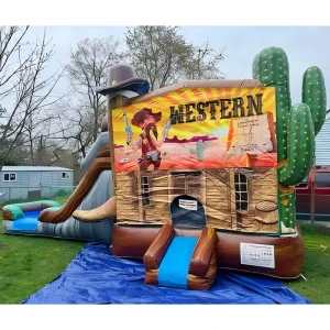 Castello gonfiabile a tema cactus con scivolo, combo di rimbalzo umido e secco