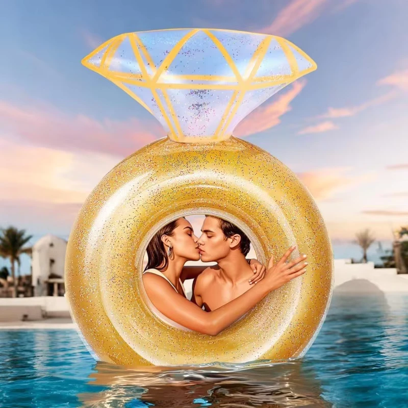 Anel Flutuante Inflável em Forma de Diamante Grande, Dourado Brilhante, para Casamento, Círculo de Piscina, Presente de Foto, Sofá de Natação para Adultos