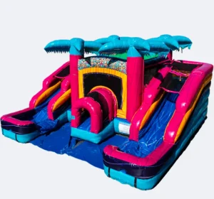 Inflatable Double Slide and Bounce House Combo PVC Water Slide Tropical Crossover Double Inflatable Water Slides Castle Combo