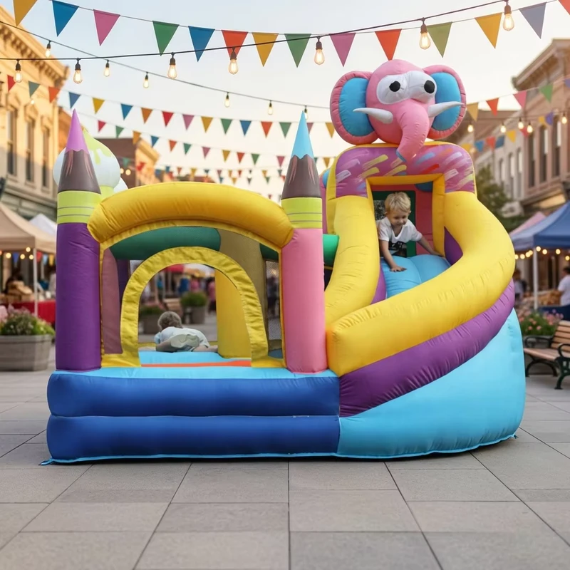 Aufblasbares Elefant-Bleistift-Themen-Hüpfburg mit Rutsche aus verstärktem Oxford-Stoff für Zuhause, Garten, Kinder-Spielplatz, Eltern-Kind-Spaß