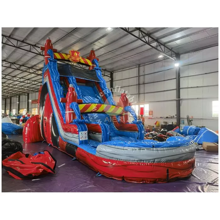 Opblaasbare Brandweerman Waterglijbaan met Pool Buiten Commerciële Nat en Droog Glijbaan voor Kinderen en Volwassenen