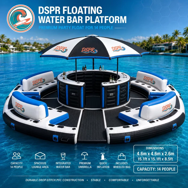 Isola Galleggiante Gonfiabile Aqua Park con Castello, Bar, Lounge, Piattaforma Dock per Resort, Hotel, Feste ed Eventi Commerciali