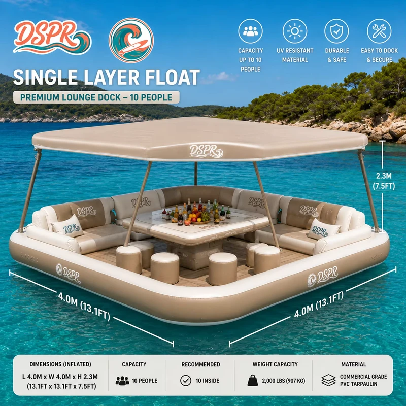 Dock de loisirs flottant gonflable avec canapé, table bar pour 10 personnes, utilisation en yacht, lac, piscine, resort
