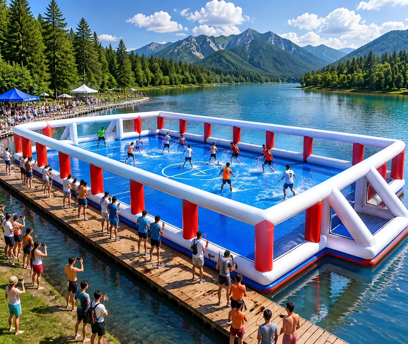 Campo de Pickleball Inflável Flutuante, Campo de Desportos Aquáticos em PVC, Parque de Badminton e Ténis Personalizado para Diversão em Família ao Ar Livre