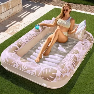 Cadeira de Praia Inflável Flutuante para Festa na Piscina com Porta-Copos, Cadeira de Sol Dobrável, Banheira de Sol