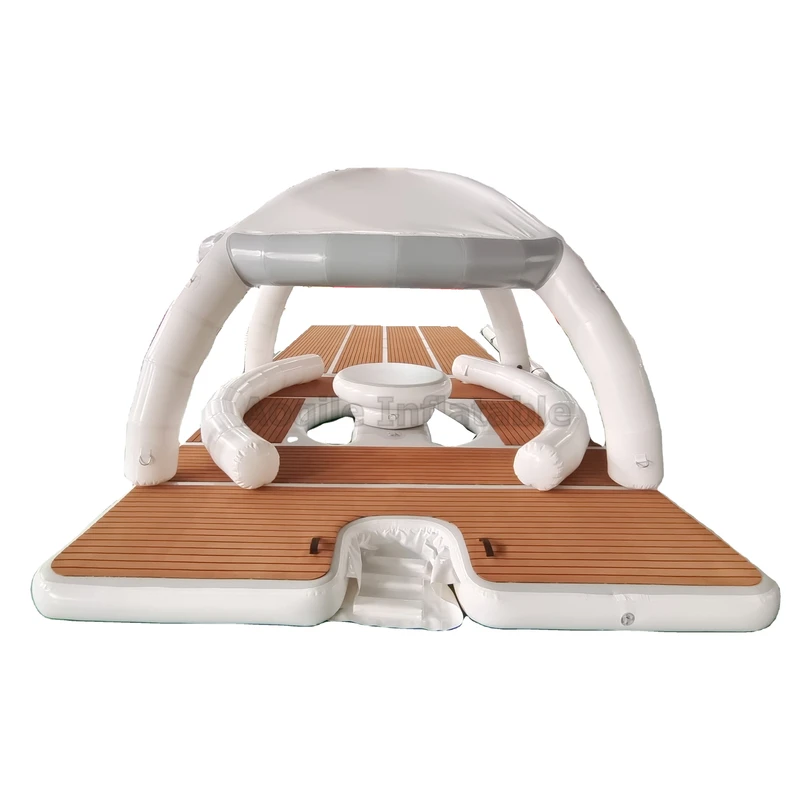 Dek Matahari Terapung Inflatable, Pulau Lounge, Platform Santai, Dock Pesta Terapung Inflatable dengan Tenda