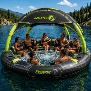 Plataforma flotante inflable con bar, sofá con toldo, cubo de hielo y portavasos para alquiler en resorts, lagos y océanos