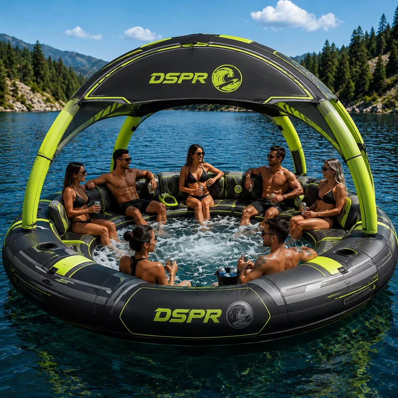 Aufblasbare Floating-Wasserbar-Plattform mit Sonnendach, Sofa, Eiskübel und Becherhaltern für Resort, See, Ozean, Partyverleih