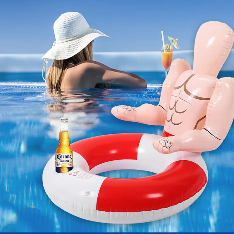 Cincin Renang PVC Inflatable Lipat untuk Dewasa dengan Tempat Gelas, Pesta Kolam DIY, Pakaian Pria Berotot, Sandaran untuk Anak