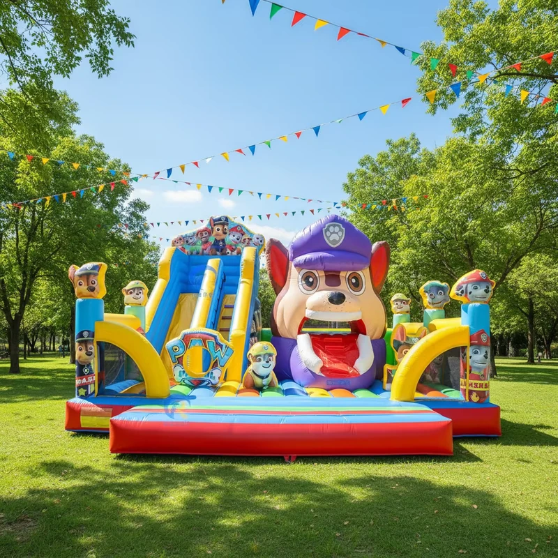 Thành phố vui chơi bơm hơi, combo lâu đài bơm hơi hình chó, lâu đài bouncy lớn, sân chơi bơm hơi với quạt thổi