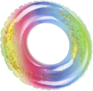 Inflatable Glitter Colorful Rainbow Swim Ring Tube Pool Accessories Pool Toys Swimming Tubes Rings for Kids Adults