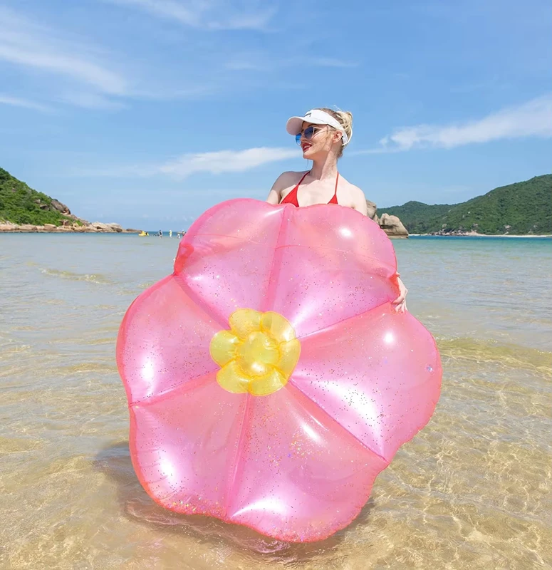 Flotador de piscina hinchable en forma de flor con purpurina, lounge flotante de PVC para adultos