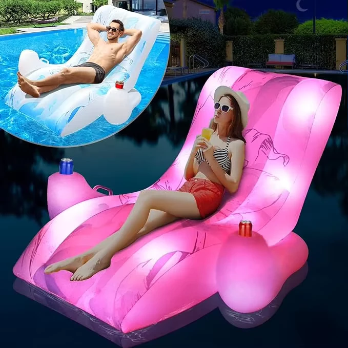 Inflatable LED Lounger Pool Float Soft Durable and Portable Inflatable Float Chair Red Lips Shape for Adults for Water