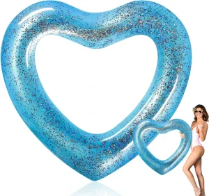 Inflatable PVC 47.3×39.4 Inch Heart Shaped Swimming Ring Tubes With Glitters 80kg Capacity for Wedding Bride Summer Beach Party