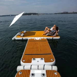 Inflatable PVC Floating Dock Mini Inflatable Floating Platform Swimming Water Island with Faux Wood Deck for Yacht and Marina Use