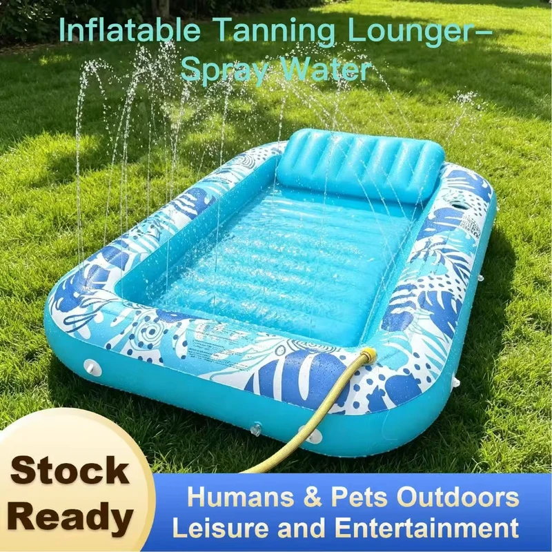 Inflatable PVC Tanning Pool Lounger Spray Water Float for Adults Outdoor Sunbathing Floatie with Pillow Party Gift