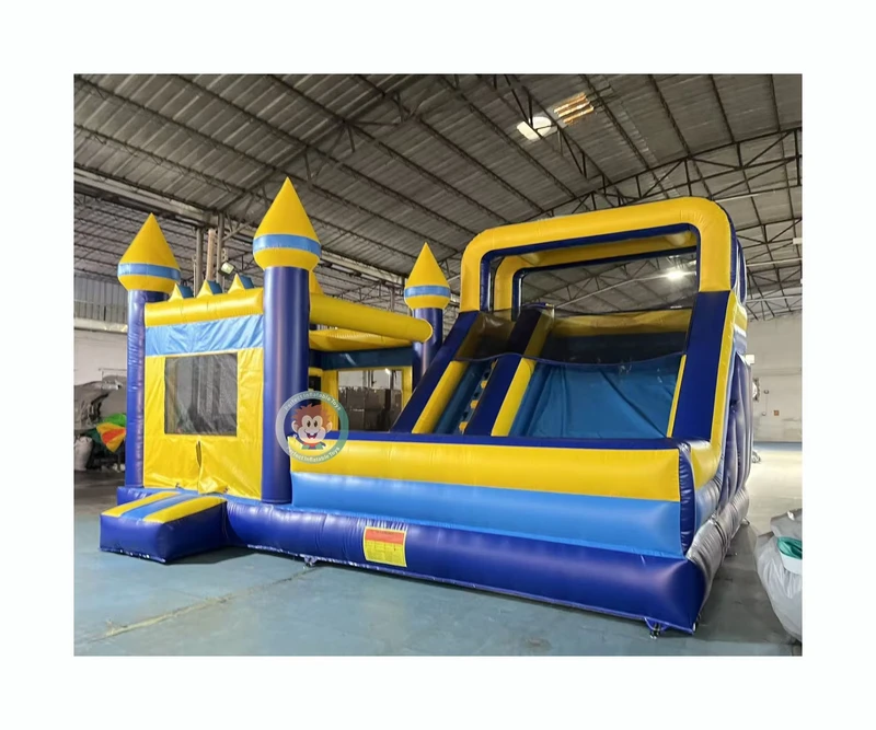 Kombinasi Rumah Loncat Inflatable Warna Pastel dengan Seluncuran untuk Sewa Pesta Komersial