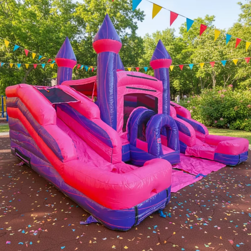 Надувной розовый фиолетовый коммерческий батут с двойной горкой Castillo Inflable детская площадка на улице
