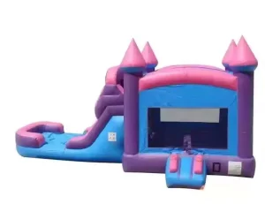 Kombinasi Rumah Lompat Komersial Kering Basah Inflatable Berwarna Merah Muda dan Ungu