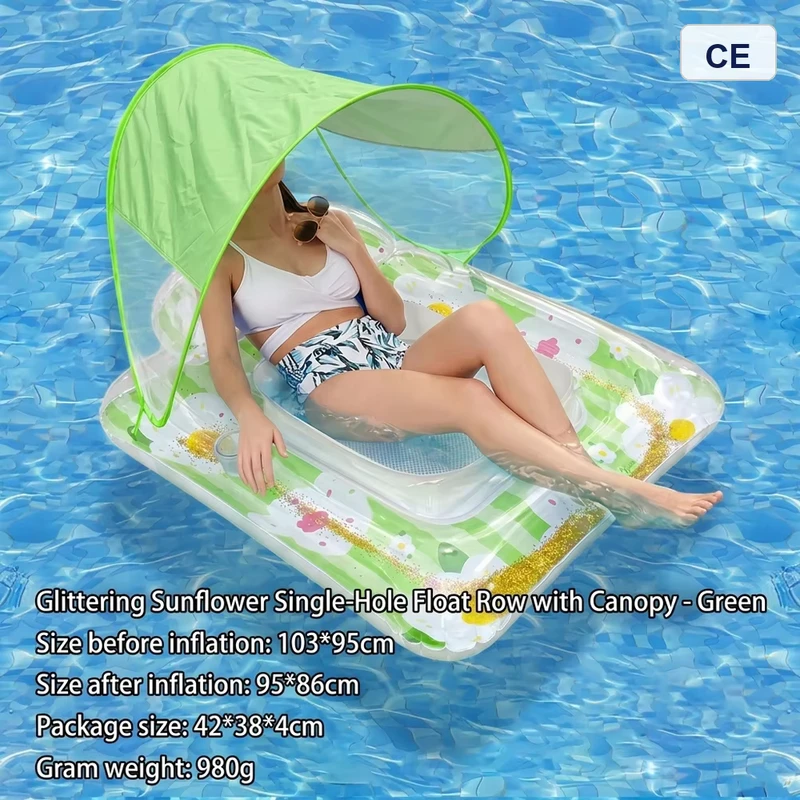 Opblaasbare Zwembad Float met Luifel Glitterende Zonnebloem Water Lounger met Zonneschaduw