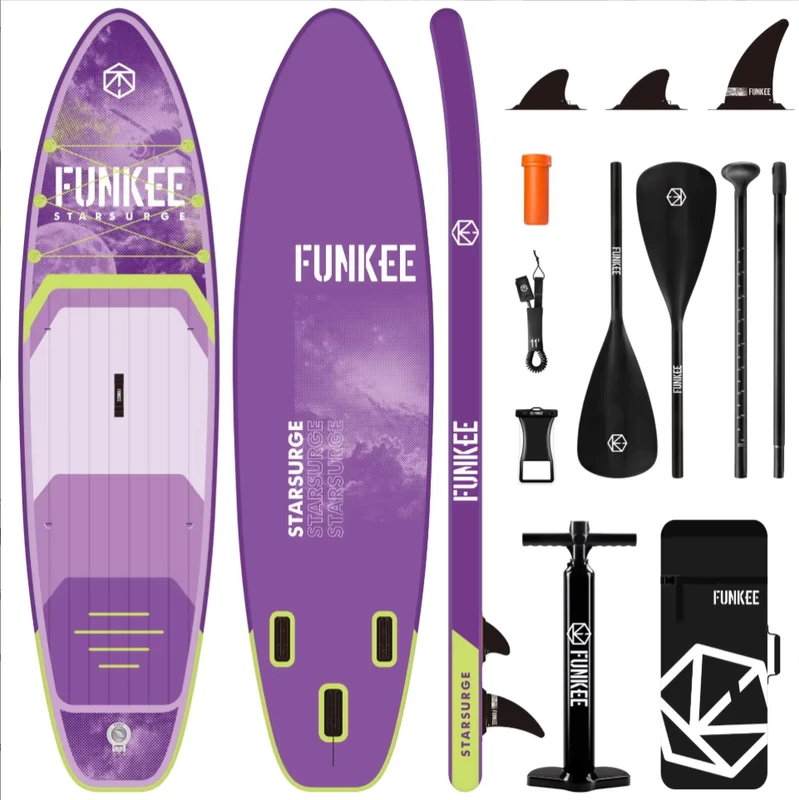 Planche SUP gonflable de 11 pieds, kit complet avec pompe, pagaie, sac à dos, large et stable, tout terrain, couleur violette