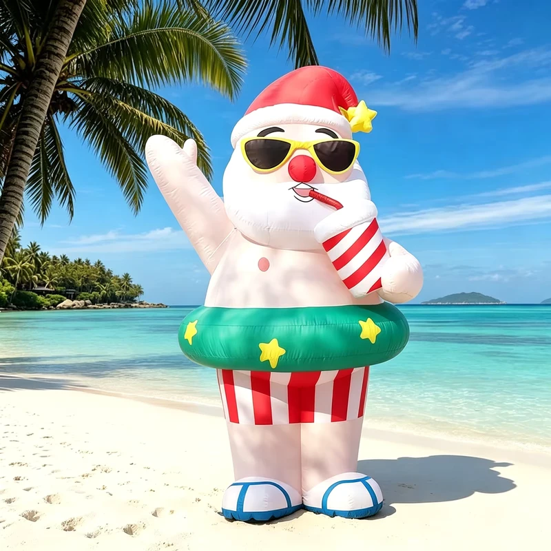 Opblaasbare Kerstman met Zwemband en Zonnebril Waterdichte Kerstman Decor Drinkend Sap Ontspannen op het Strand