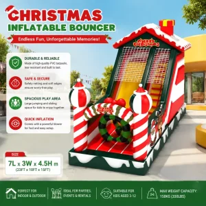 Tobogán Inflable de Tema Navideño, Bouncer Duradero de PVC, Fácil de Montar para 10 Niños en Eventos Escolares y Carnavales