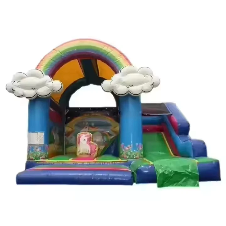 Château Gonflable Licorne Arc-en-Ciel Étincelant avec Toboggan
