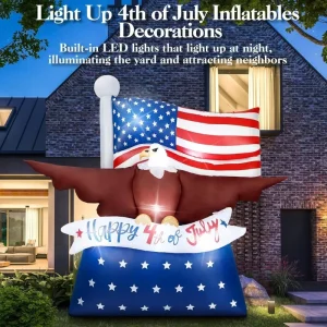 Inflatable Striped U.S. Independence Day Flag and Soaring Bald Eagle Inflatable Outdoor Yard LED Light Up Decorations